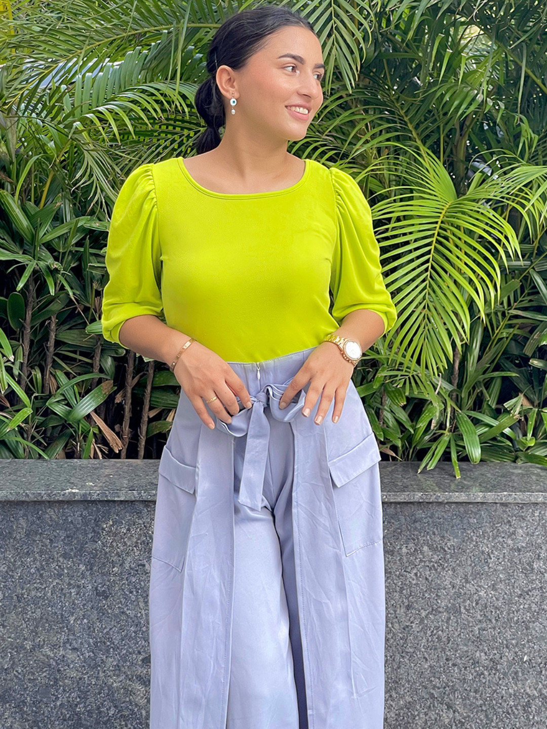 Cotton Solid Stretchable Round Neck Puff Sleeve Top - Uptownie