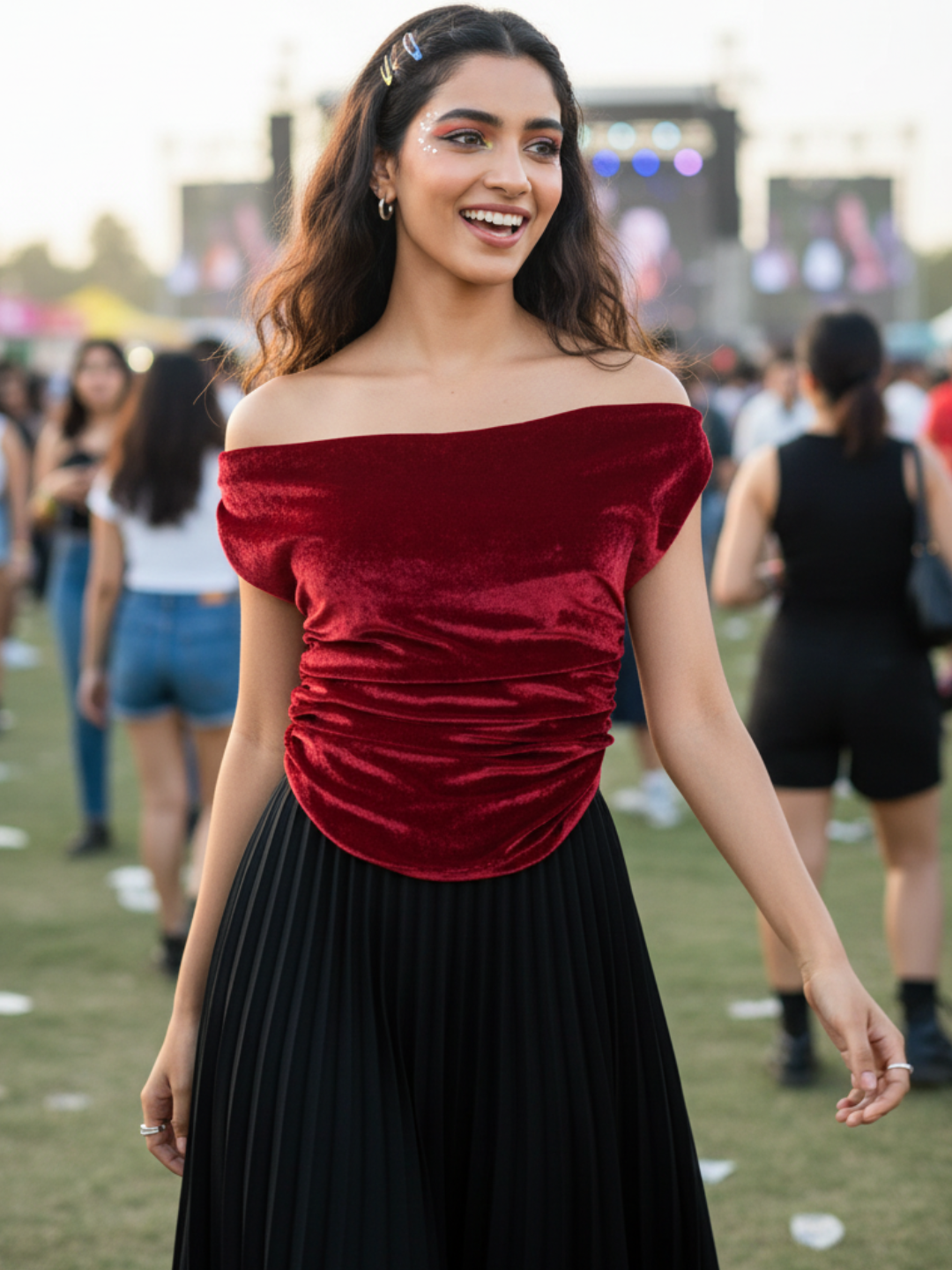 Velvet Stretchable Draped Crop Top - Uptownie