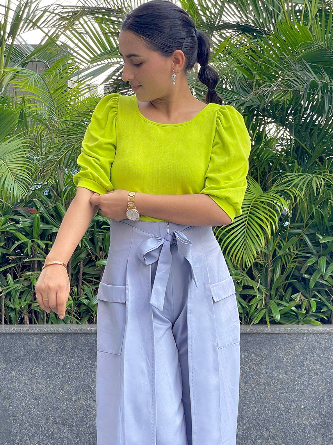 Cotton Solid Stretchable Round Neck Puff Sleeve Top - Uptownie