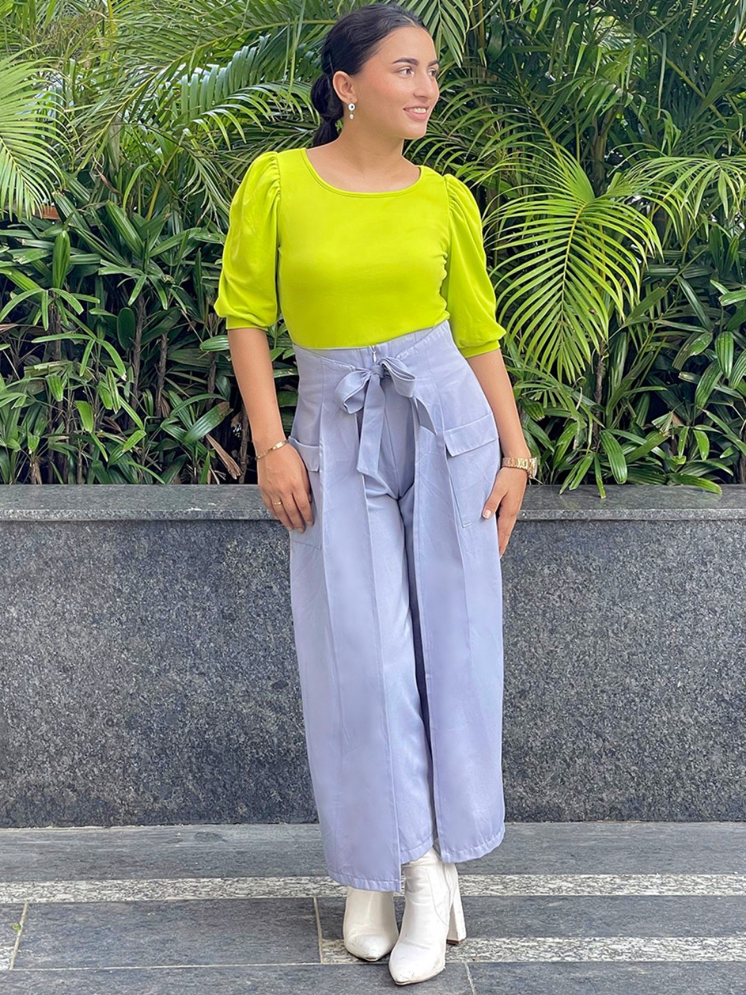 Cotton Solid Stretchable Round Neck Puff Sleeve Top - Uptownie