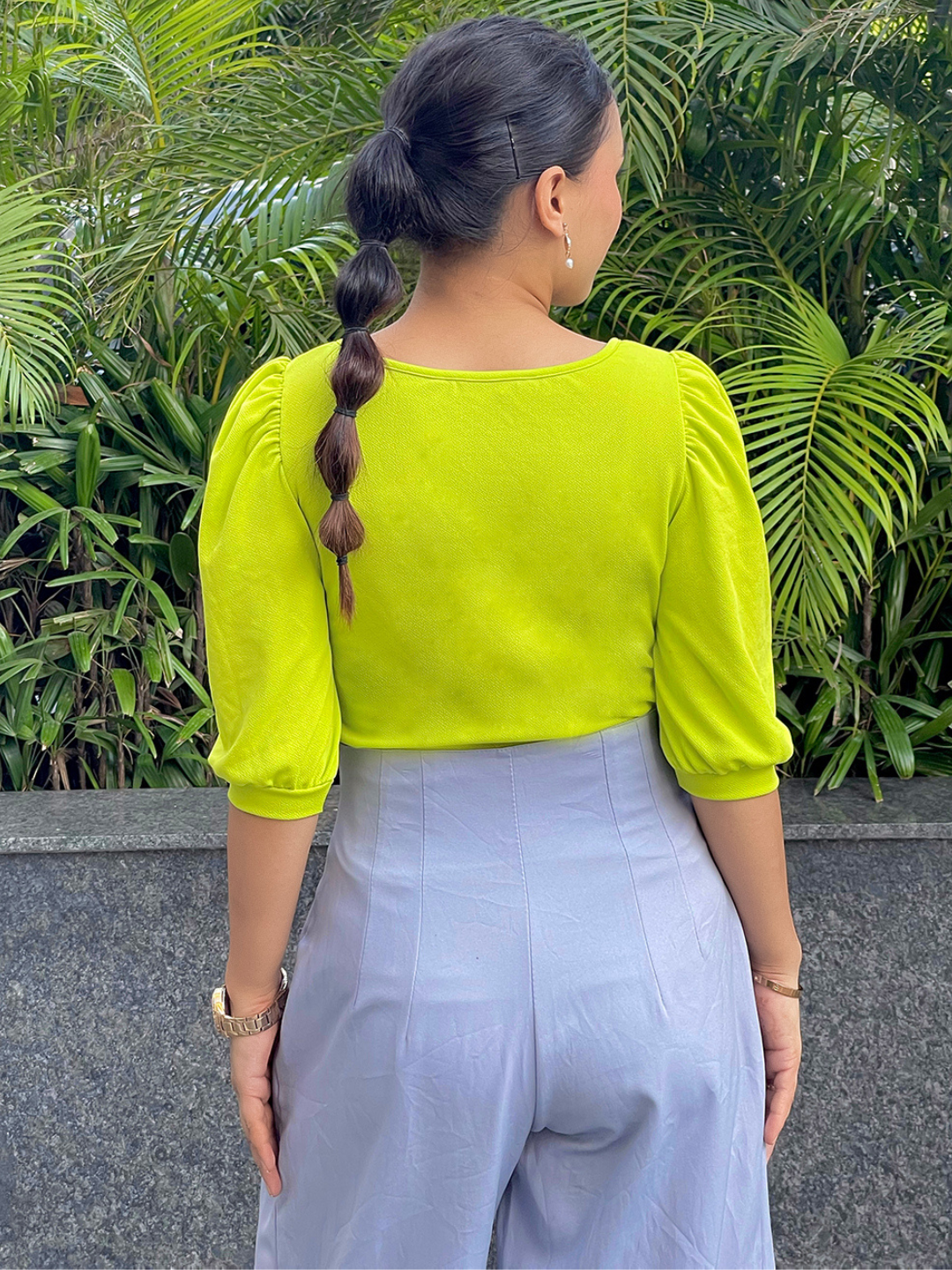 Cotton Solid Stretchable Round Neck Puff Sleeve Top - Uptownie