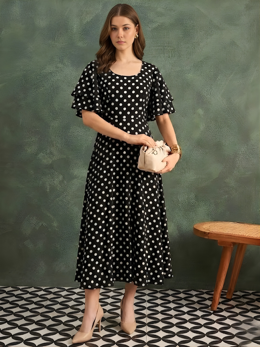 Stretchable Ruffled Sleeve Fit & Flare Dress
