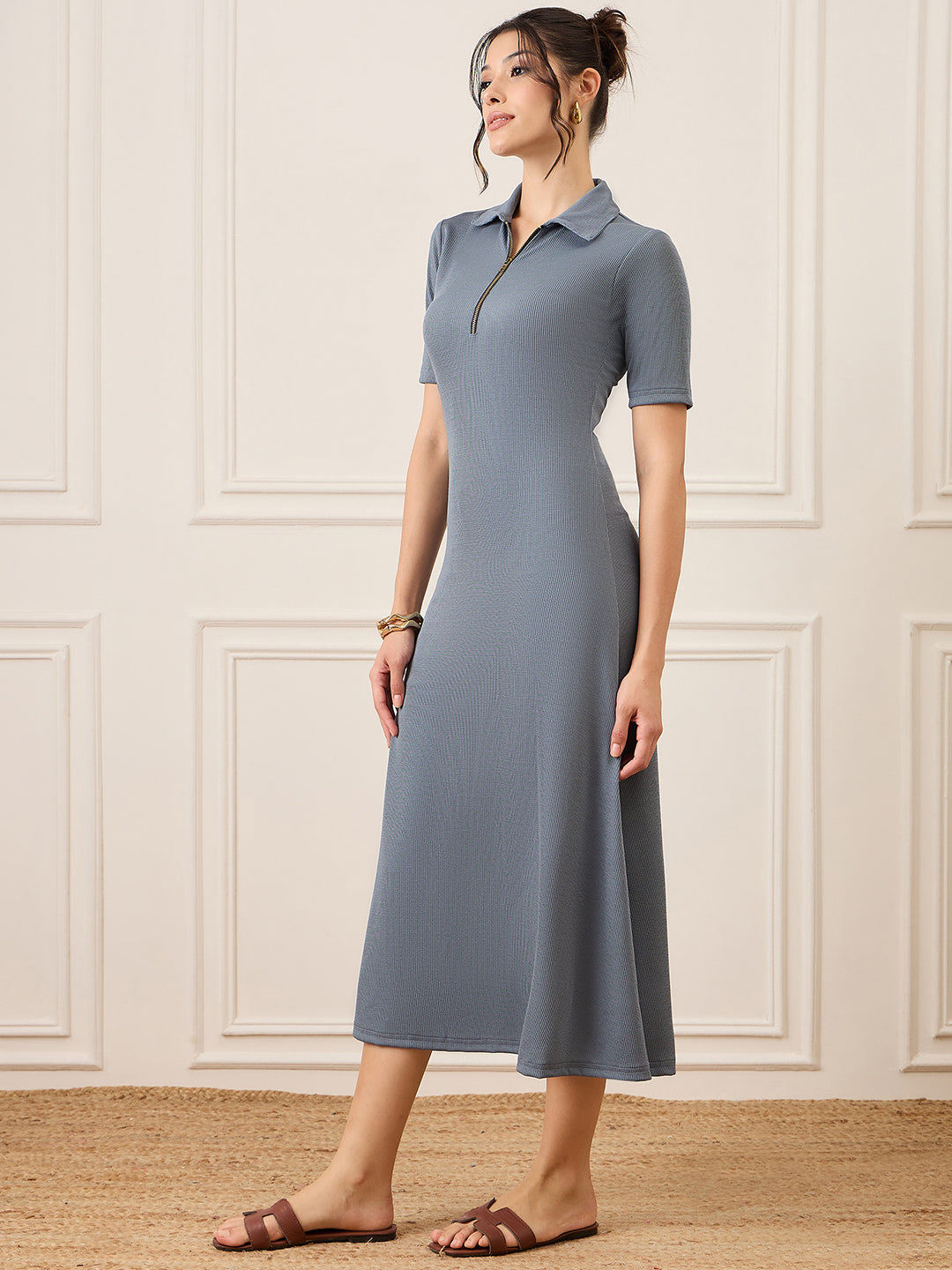 Stretchable Front Zip-up Midi Dress - Uptownie
