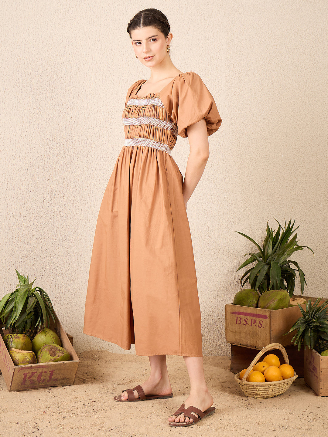 smocked cotton midi dress Bianca 100% Cotton Smocked Floral Midi Dress in Light Pink X-Small