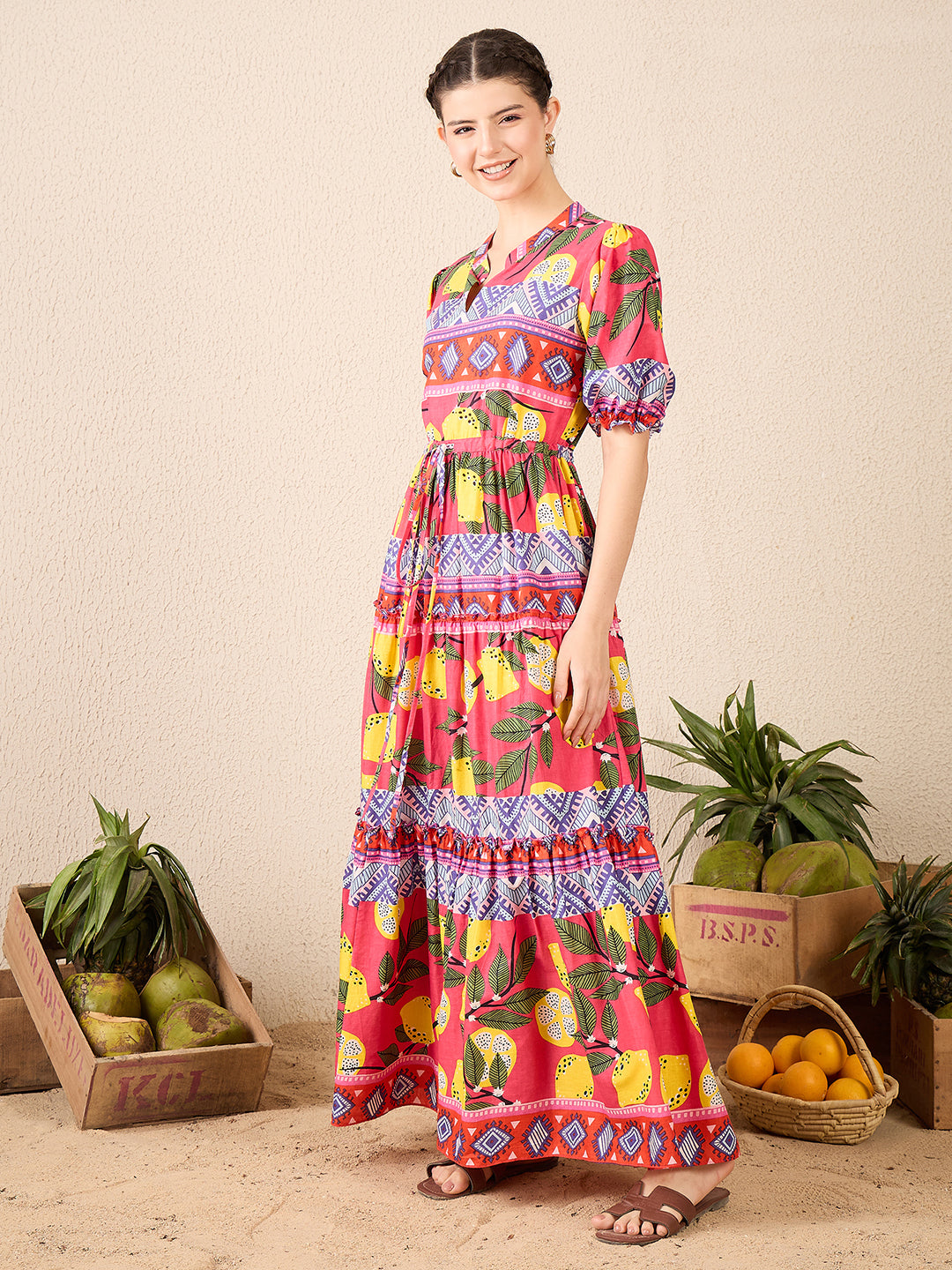 Puffed Sleeve Tiered Cotton Maxi Dress - Uptownie