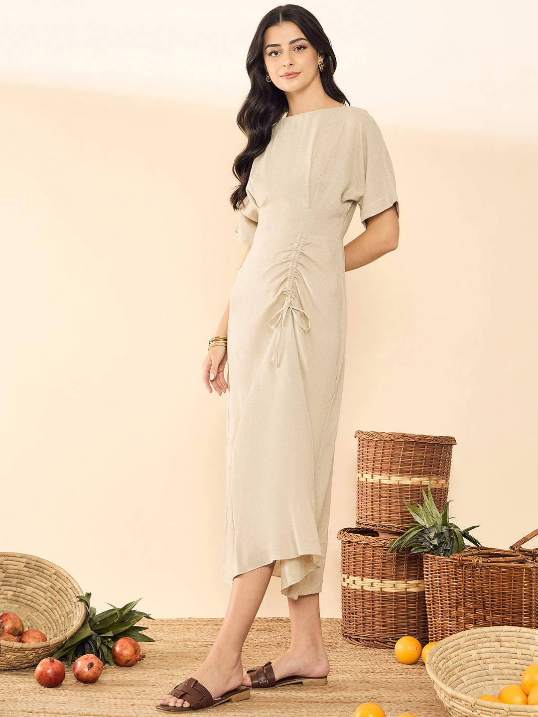 Cotton Drawstring Midi Dress