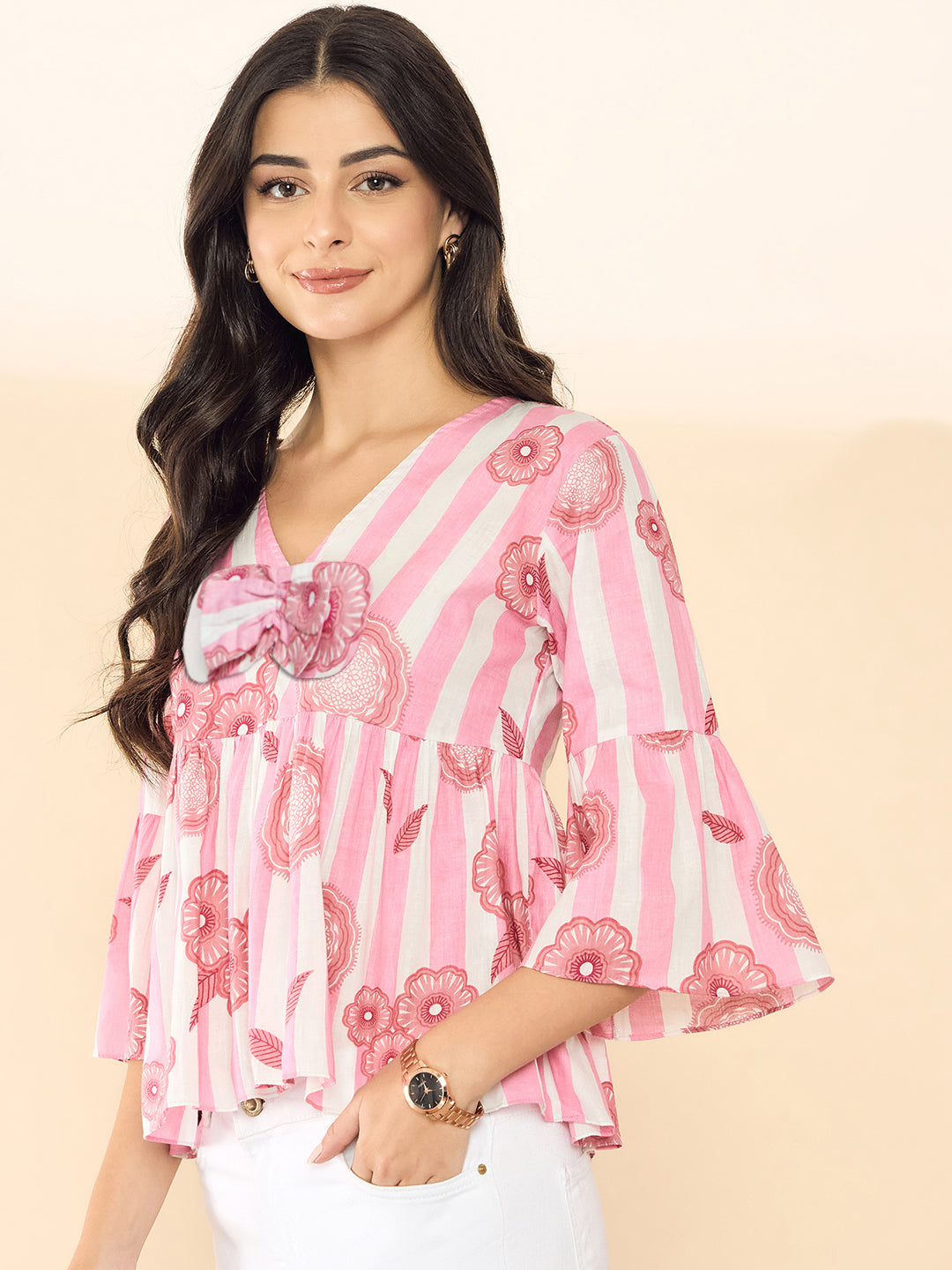 Bell Sleeve Cotton Peplum Top