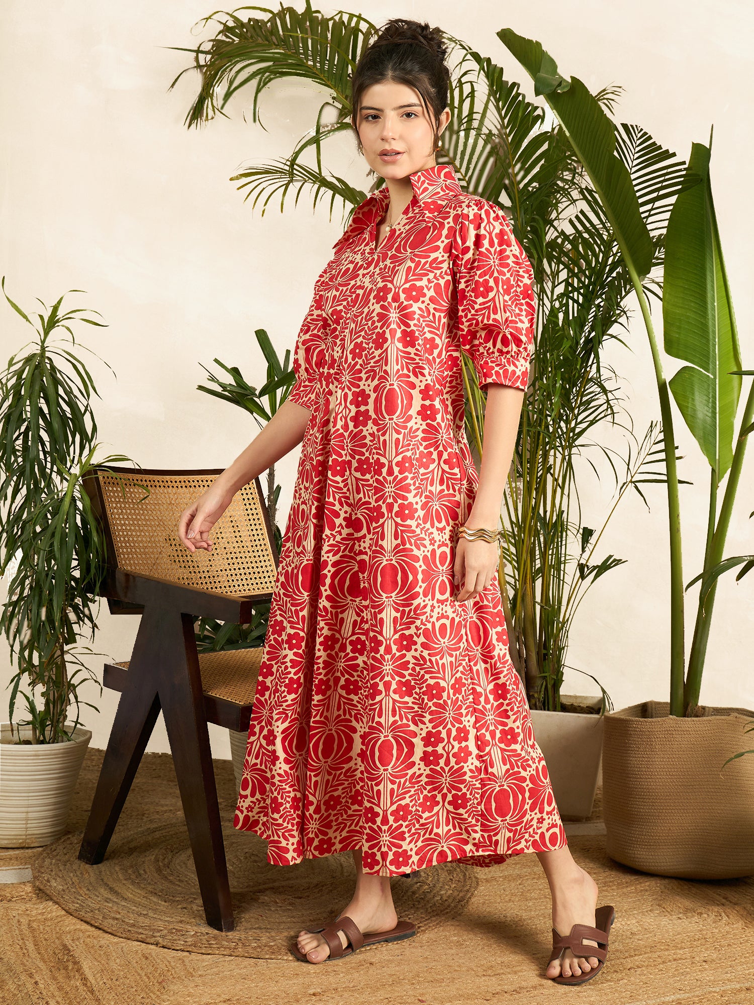 Front Pleated Cotton Midi Dress