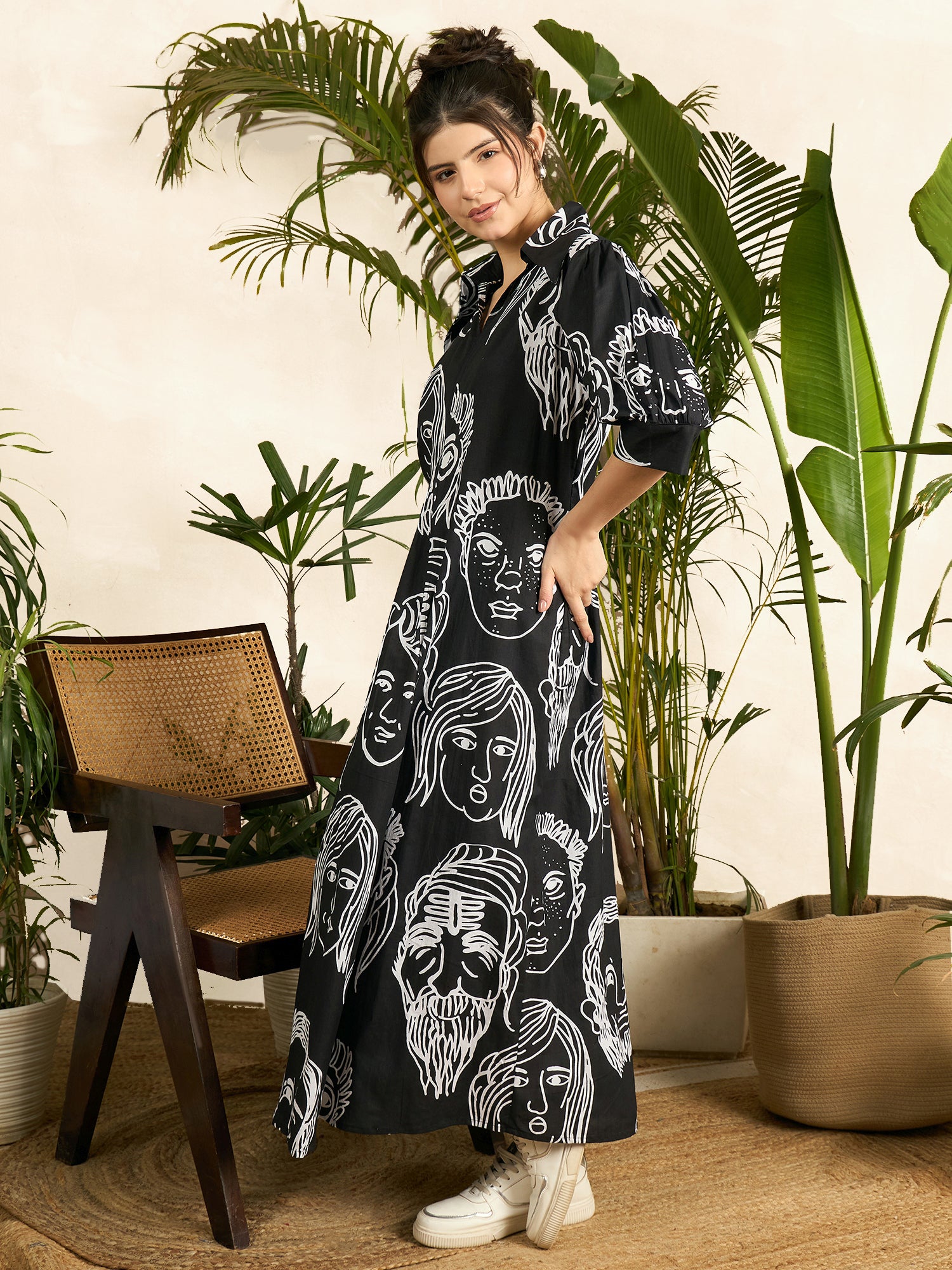 Front Pleated Cotton Midi Dress