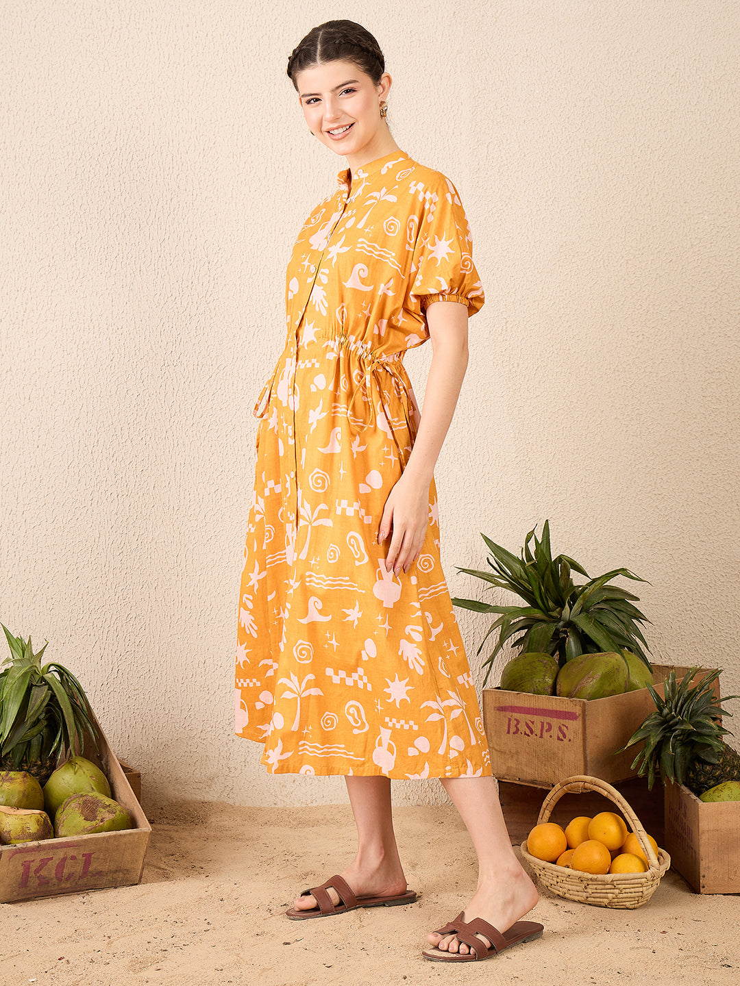 Cotton Side Waist Tie-Up Midi Dress - Uptownie