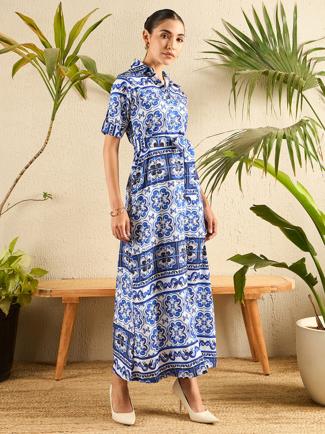 Collar Buttoned Down Printed Shirt Maxi Dress - Uptownie