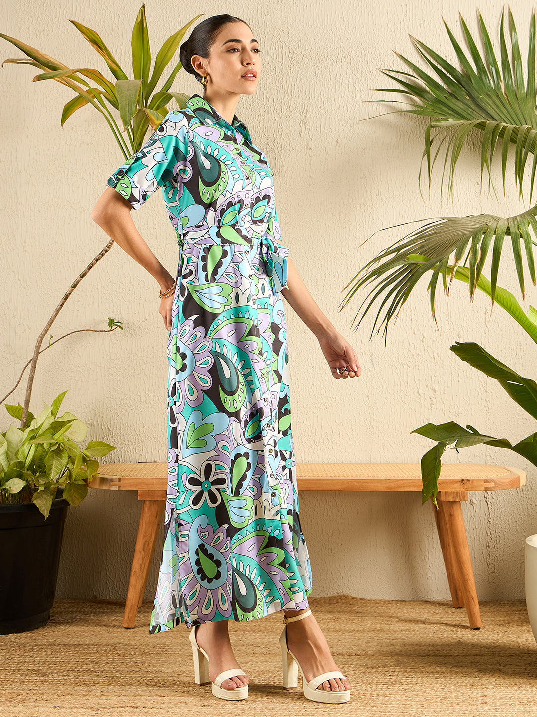 Collar Buttoned Down Printed Shirt Maxi Dress - Uptownie