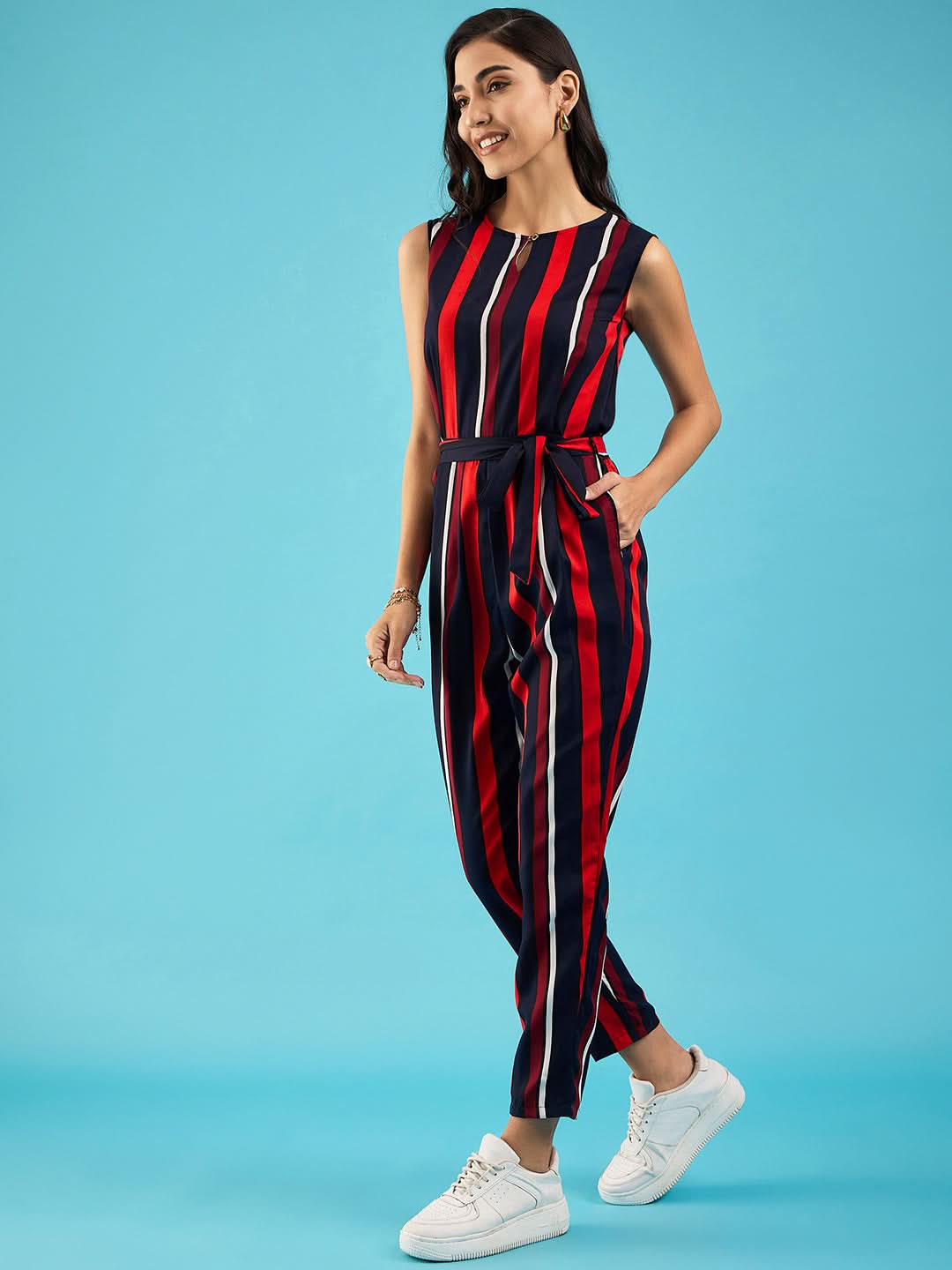 Striped Keyhole Jumpsuit with Belt - Uptownie