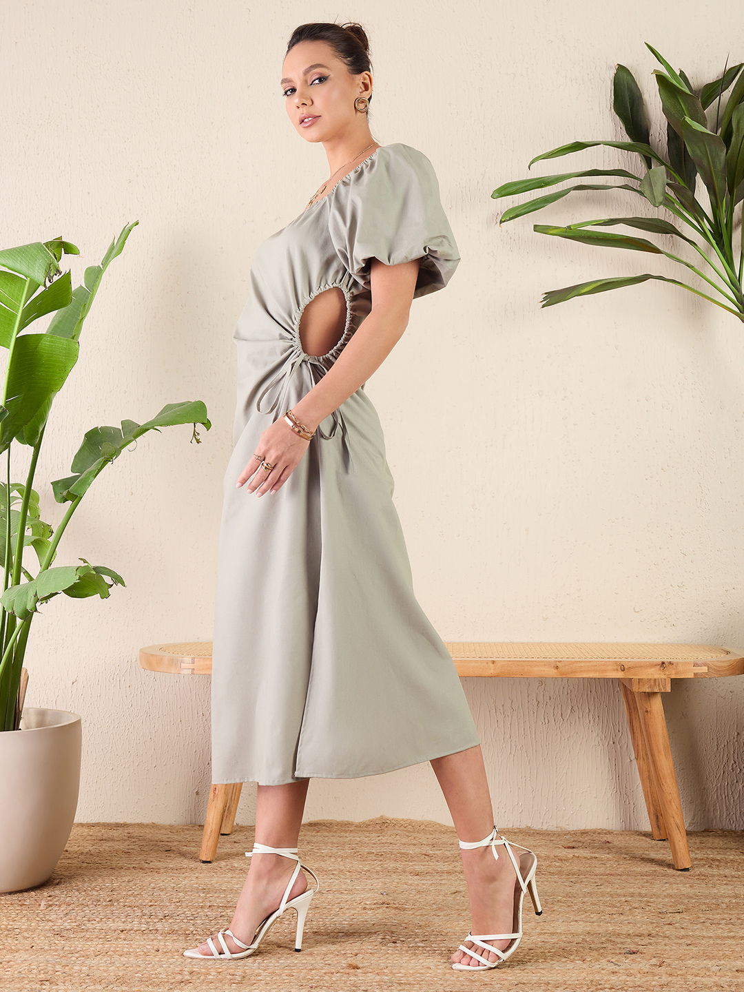 Cotton Poplin Side Cut-Out Midi Dress - Uptownie