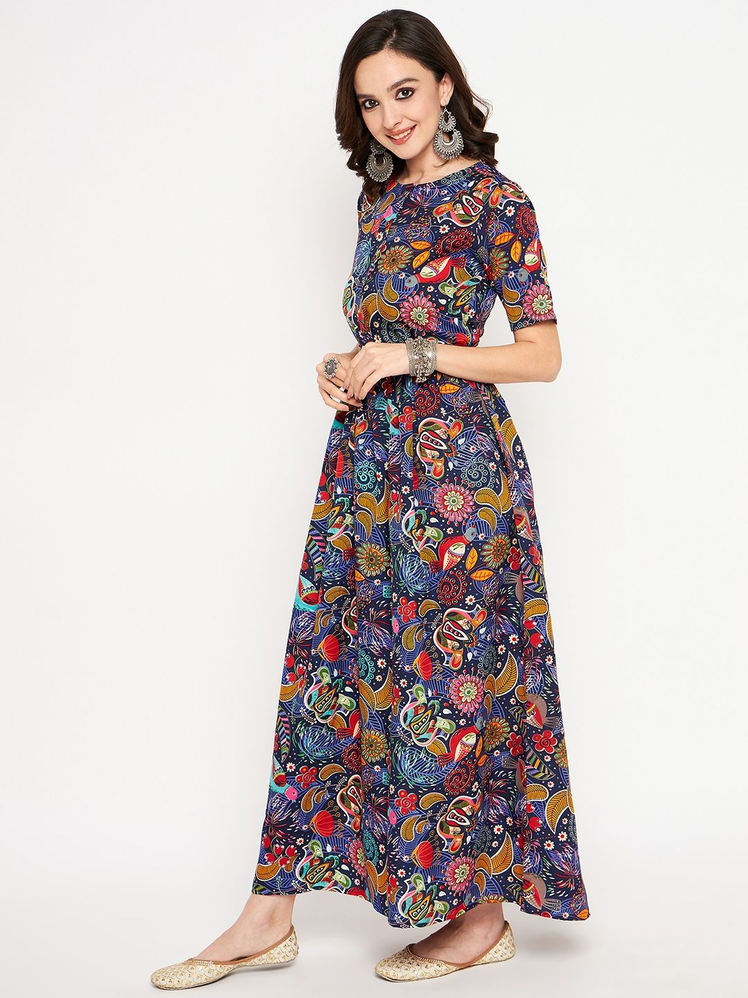 Printed Maxi Dress with Belt - Uptownie