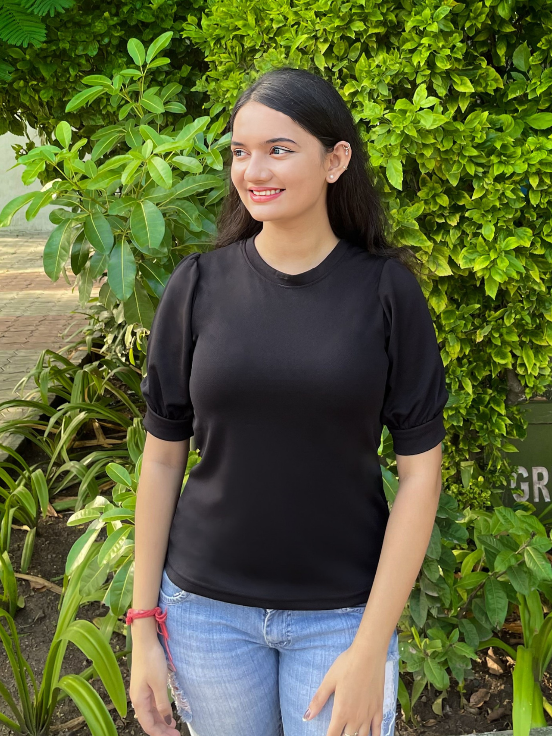 Cotton Solid Stretchable High Neck Puff Sleeve Top - Uptownie