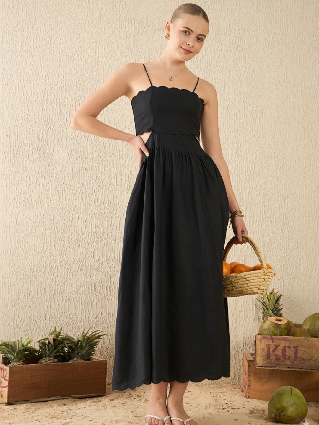 Scalloped Fit and Flare Midi Cotton Dress - Uptownie