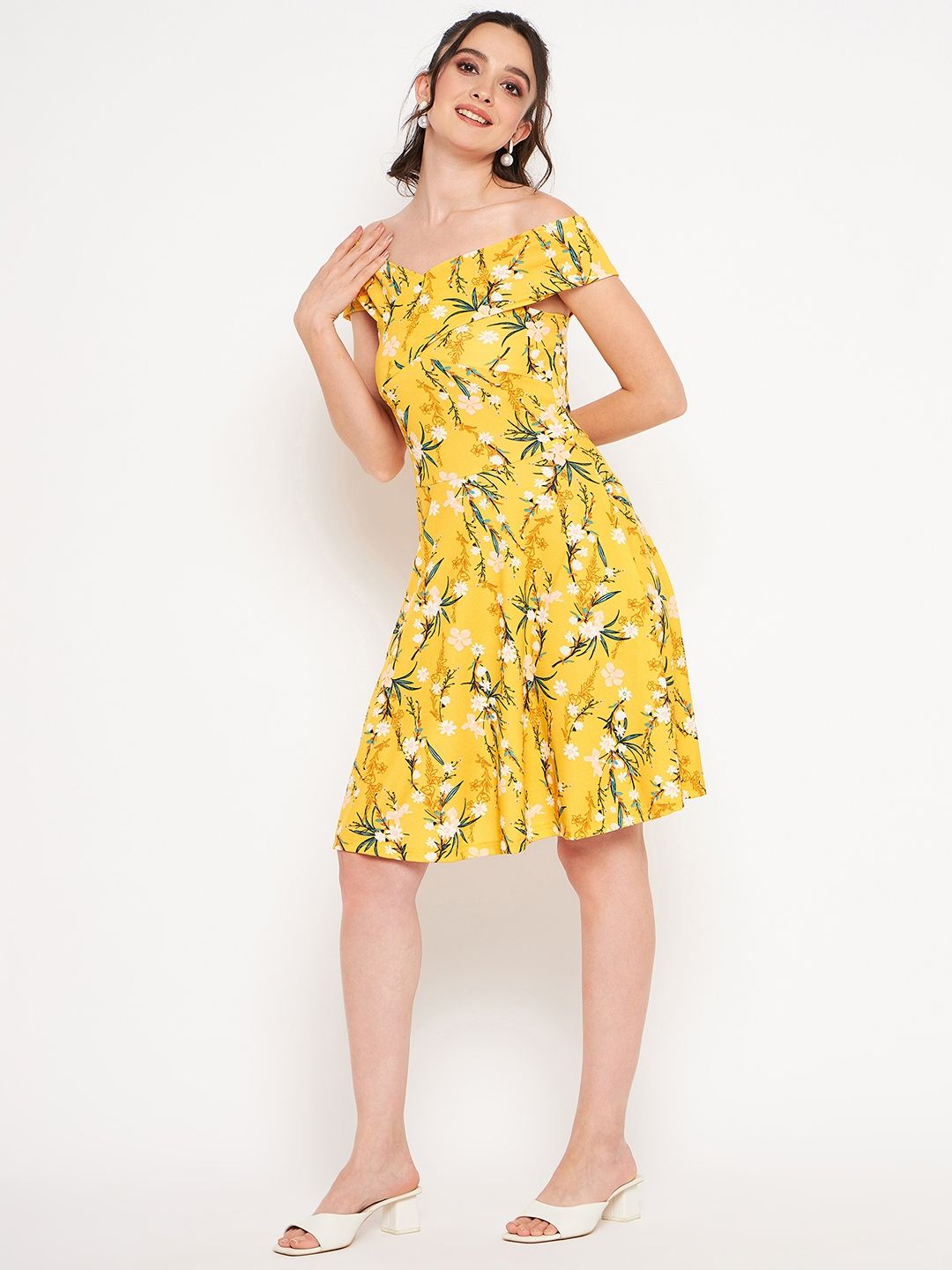 Off Shoulder Stretchable Cotton Skater Dress - Uptownie