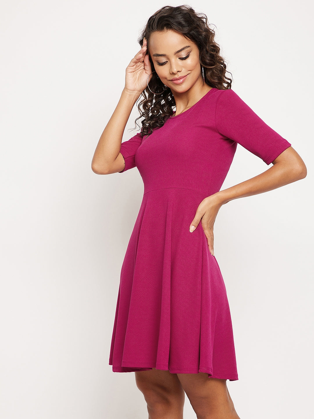 Round Neck Stretchable Skater Cotton Dress - Uptownie