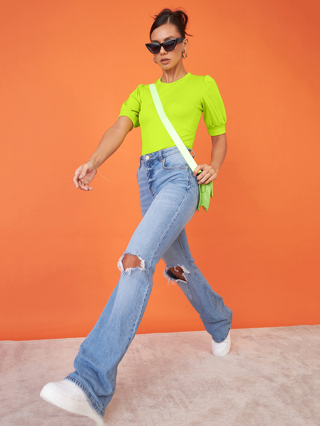 Cotton Solid Stretchable High Neck Puff Sleeve Top - Uptownie