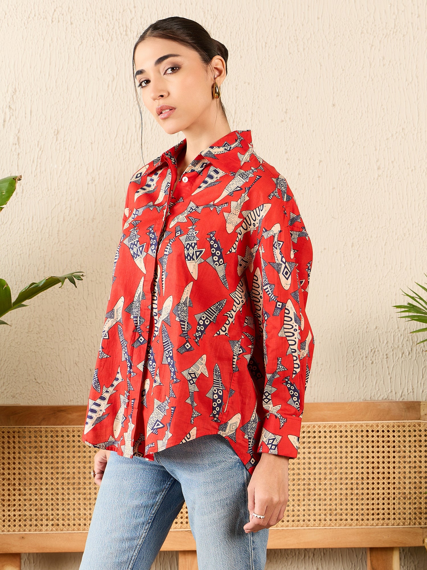 Printed Asymmetrical Cotton Shirt - Uptownie