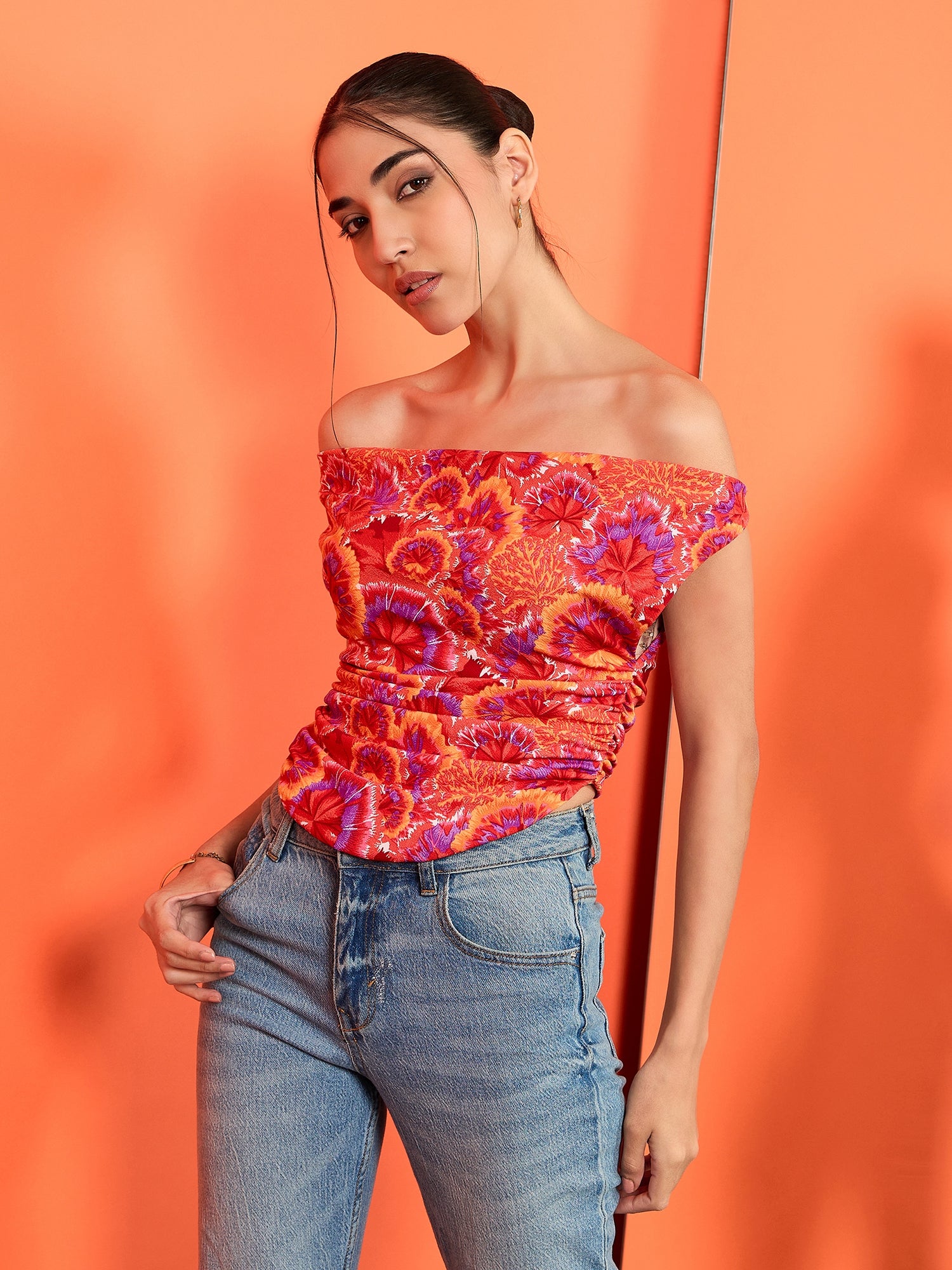 Printed Cotton Stretchable Draped Crop Top - Uptownie