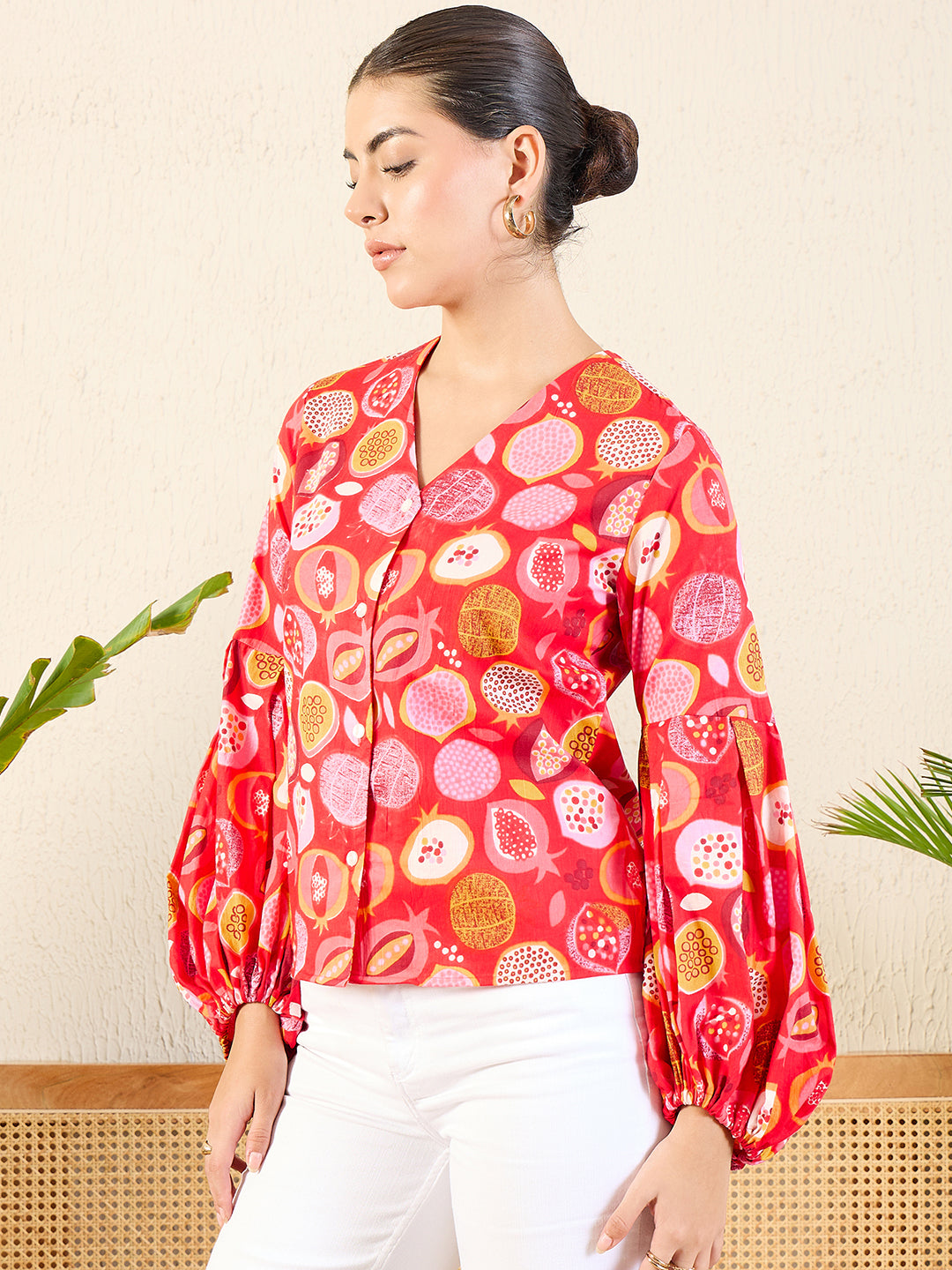 Printed Cotton Shirt with Balloon Sleeves - Uptownie