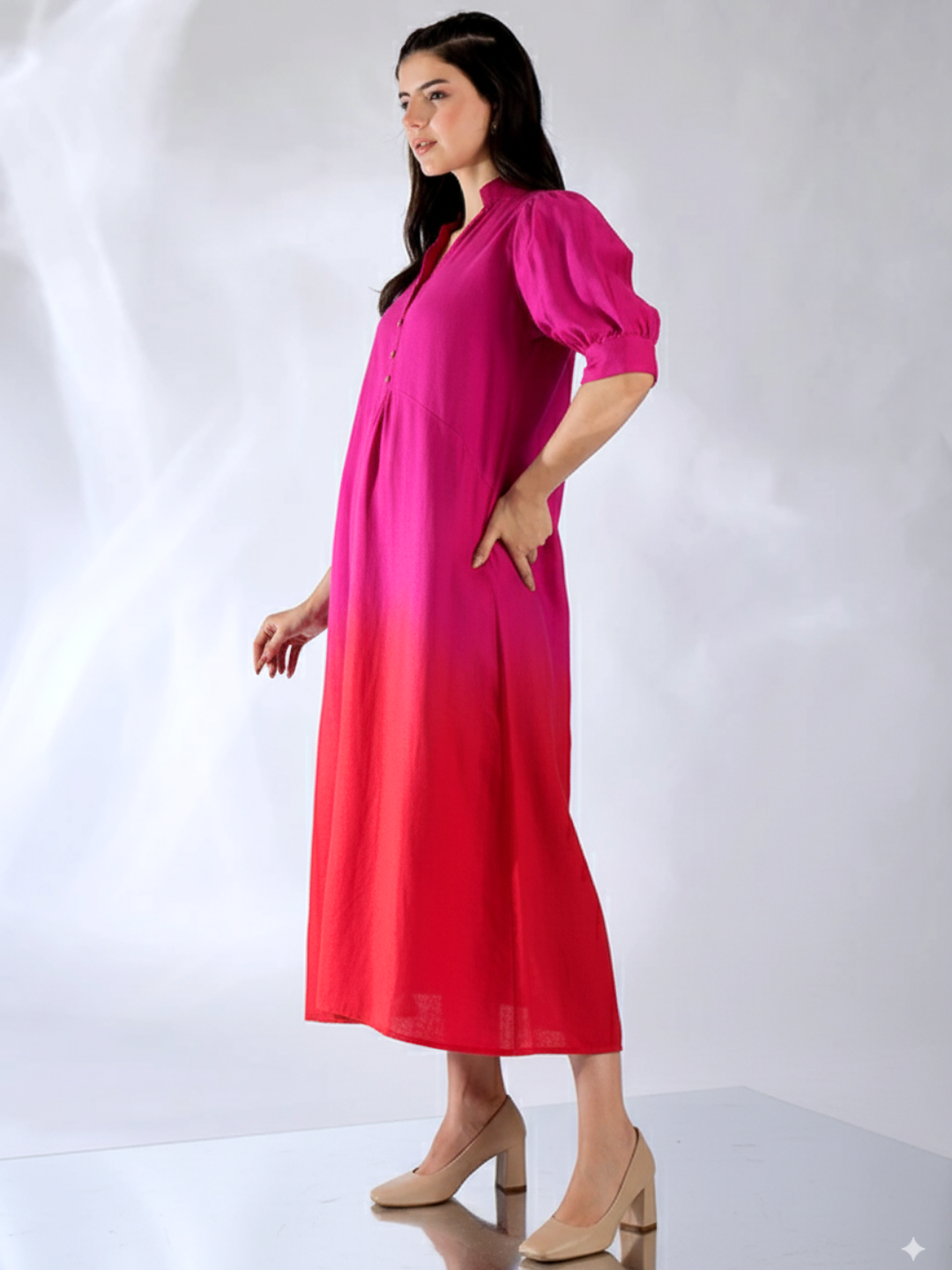 Front Pleated Linen Midi Dress