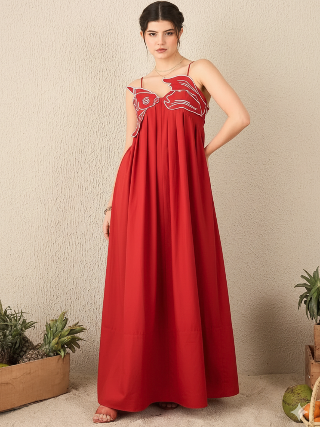 Fish Applique Cotton Maxi Dress