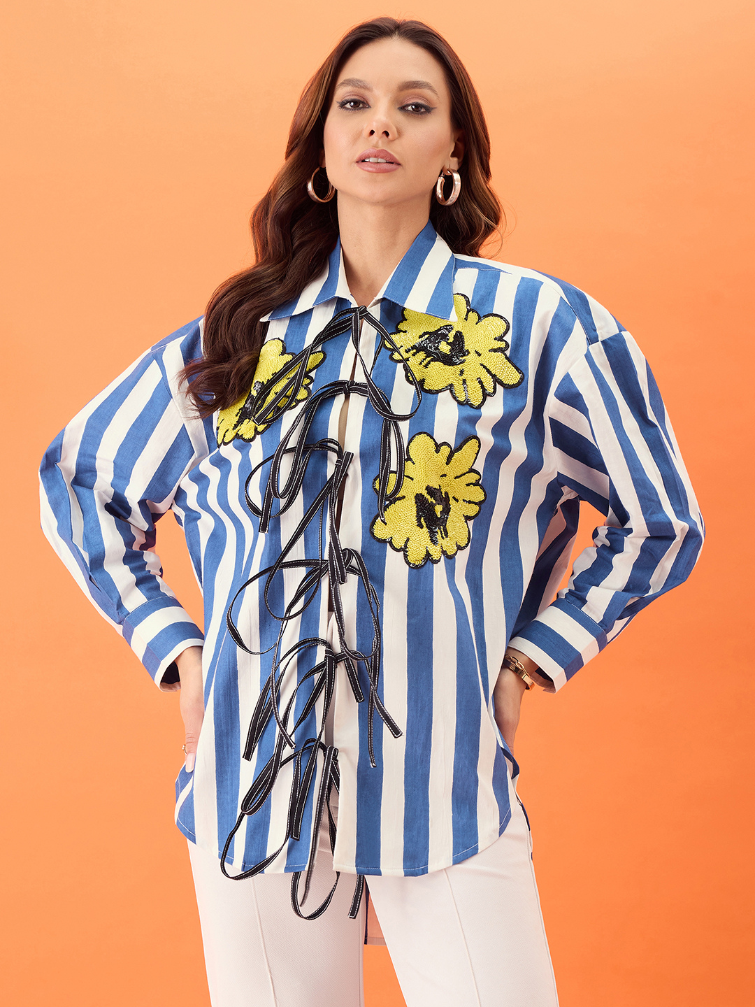 Printed Tie-Up Full Sleeve Sequinned Cotton Shirt - Uptownie