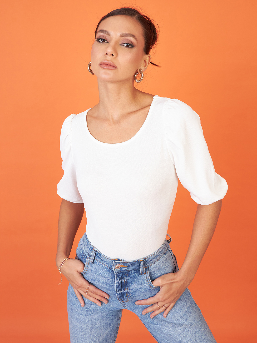 Cotton Solid Stretchable Round Neck Puff Sleeve Top - Uptownie