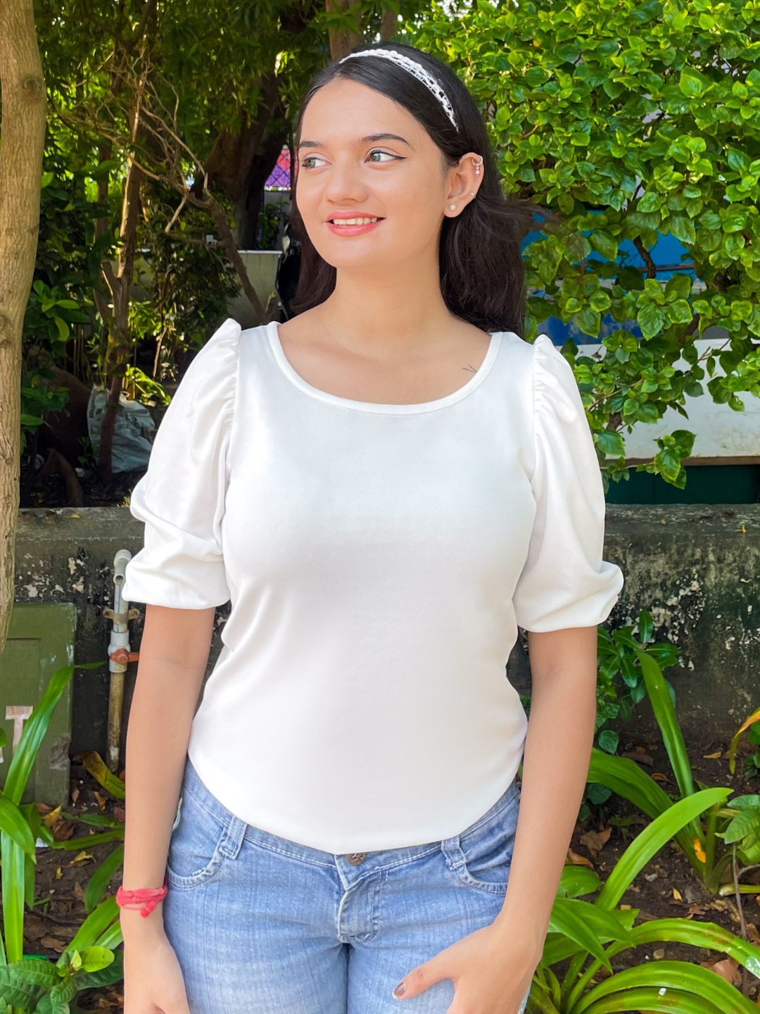 Cotton Solid Stretchable Round Neck Puff Sleeve Top - Uptownie