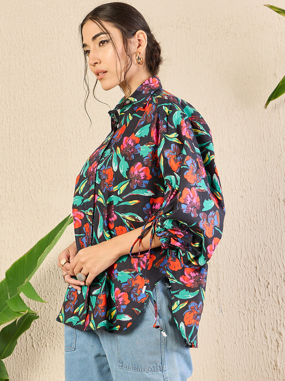 Printed Cotton Shirt with Tie Up Sleeves - Uptownie