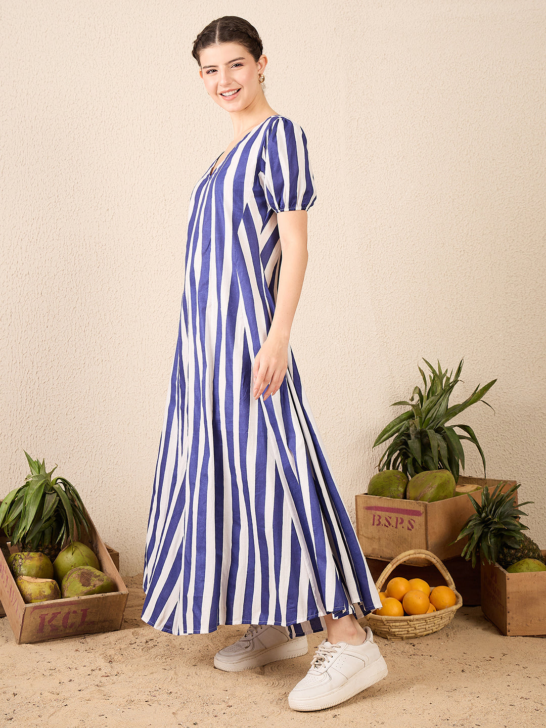 Puff Sleeve A-Line Cotton Maxi Dress - Uptownie