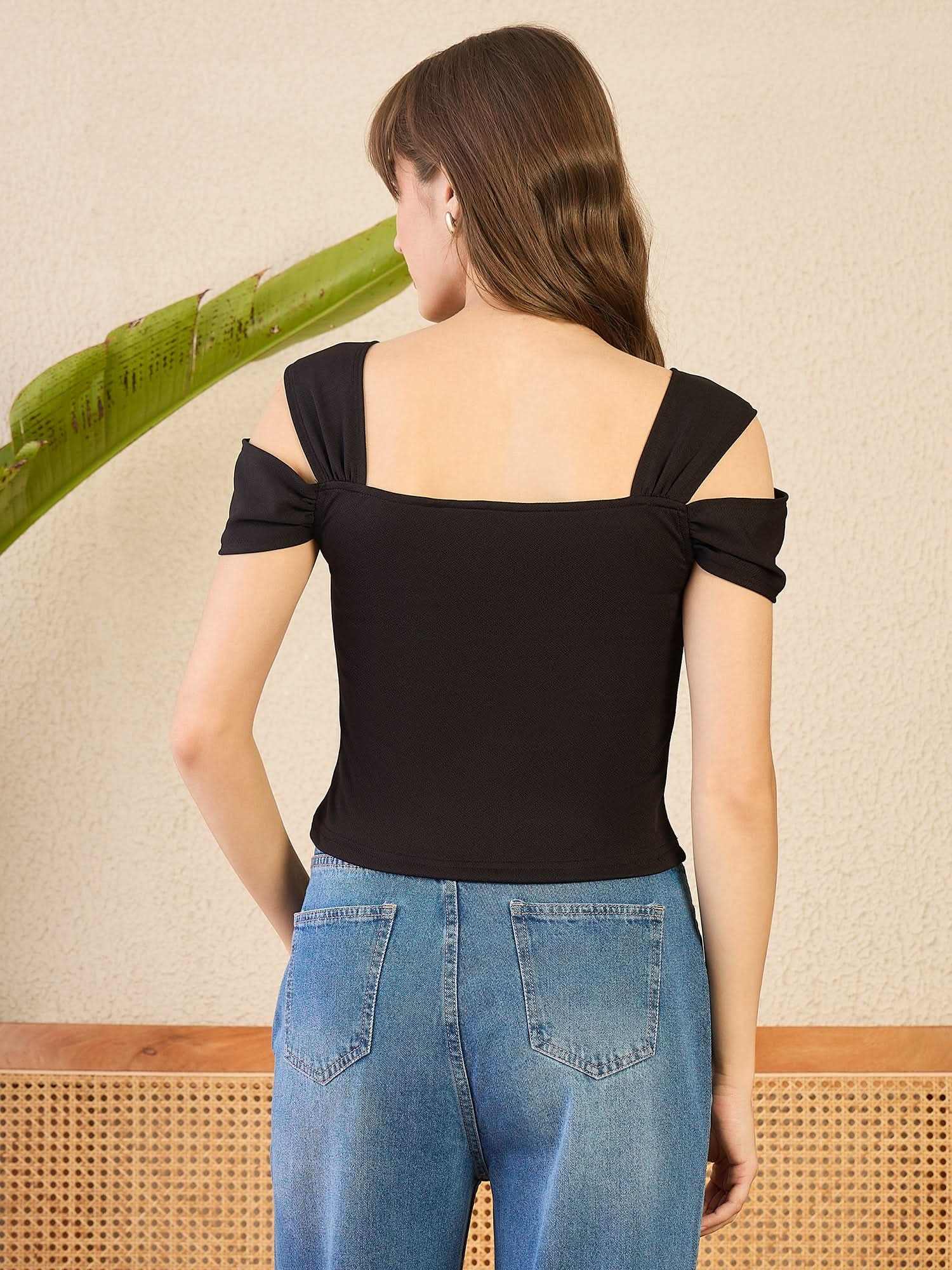 Stretchable Cold Shoulder Fitted Top - Uptownie