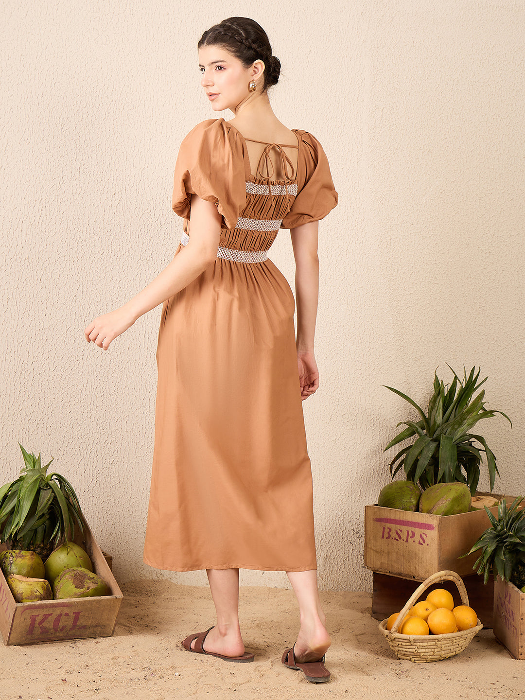Puff Sleeve Smocked Midi Dress