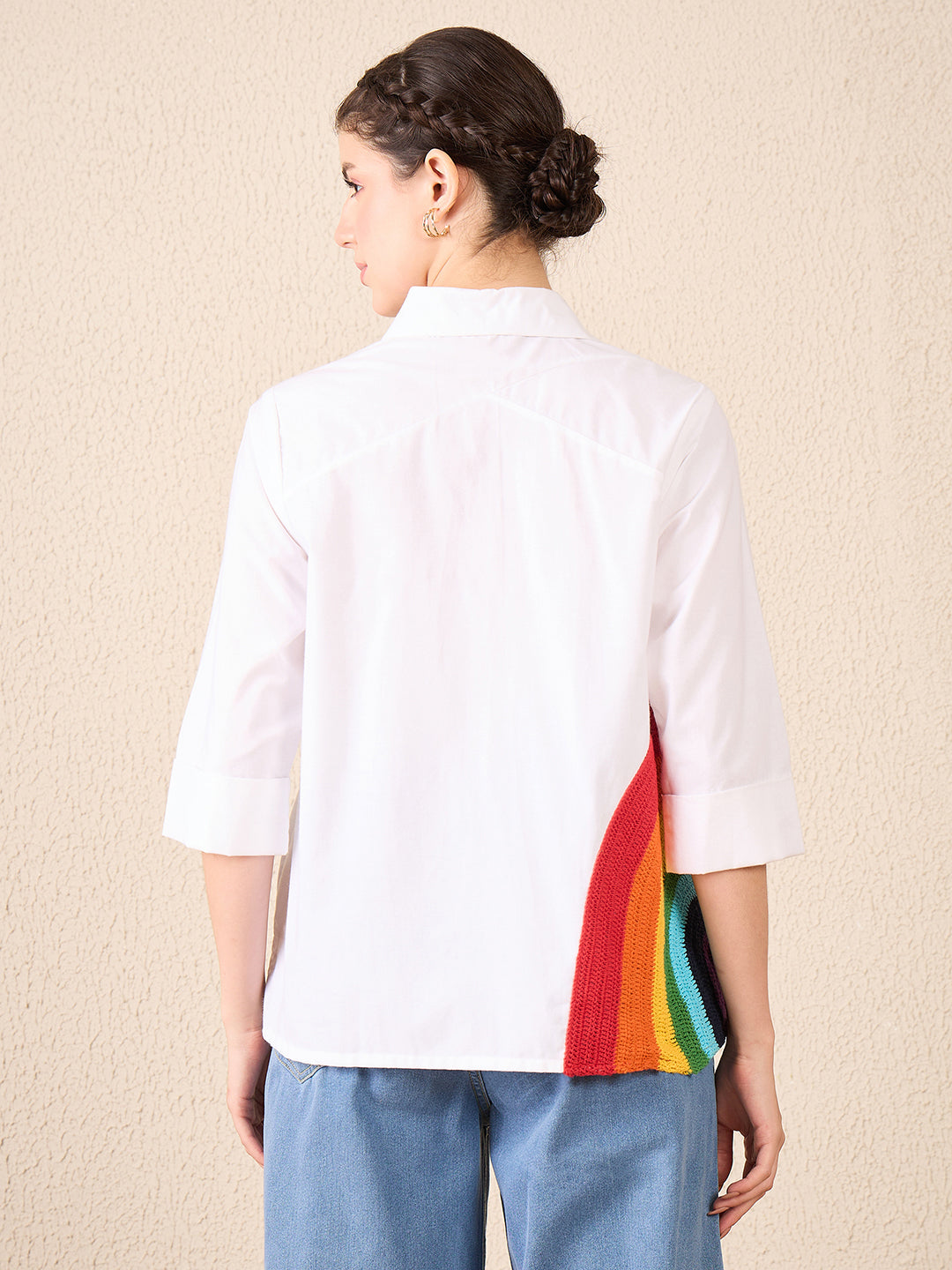 Cotton Boxy Shirt With Rainbow Crochet - Uptownie