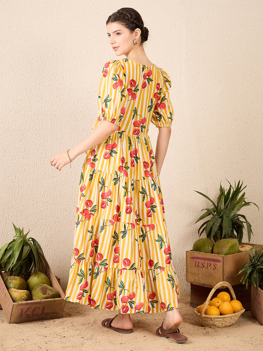 Cotton Neck Tie Up Tiered Maxi Dress - Uptownie