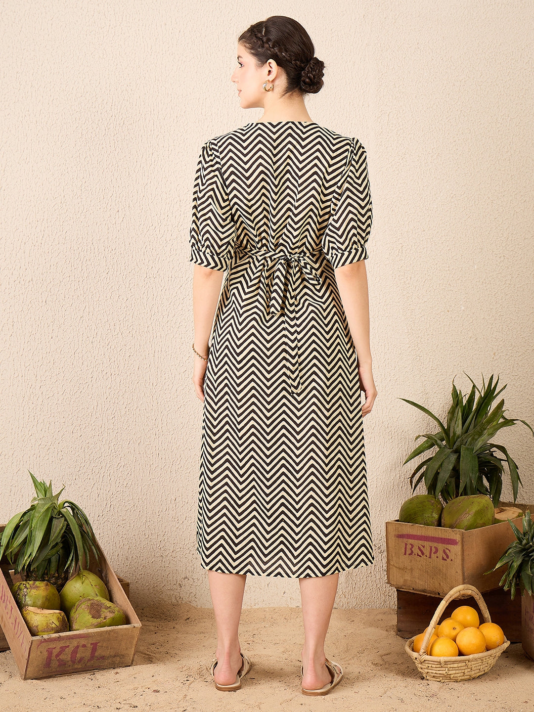 Puff Sleeve Cotton Wrap Midi Dress - Uptownie