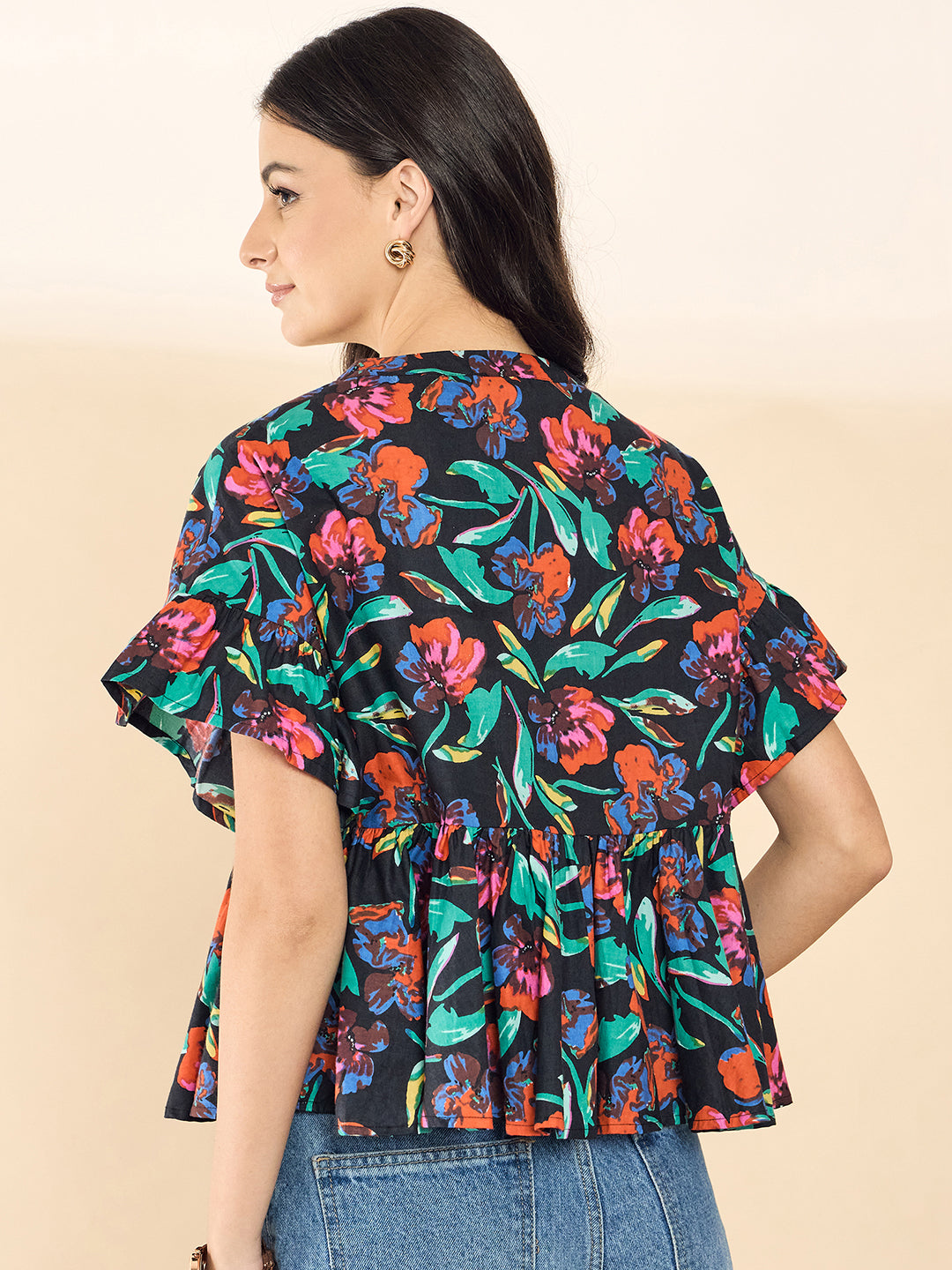 Frilled Sleeve Cotton Peplum Top