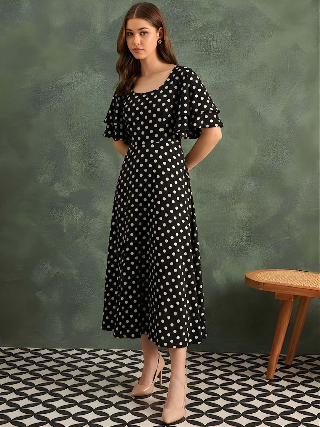 Stretchable Ruffled Sleeve Fit & Flare Dress