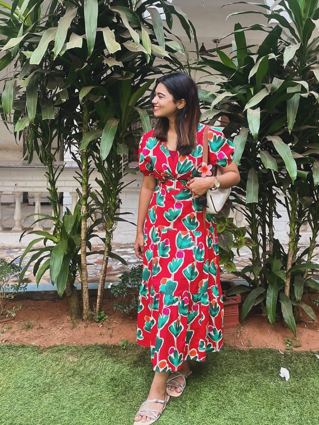 Puff Sleeve Front Cut Out Cotton Midi Dress