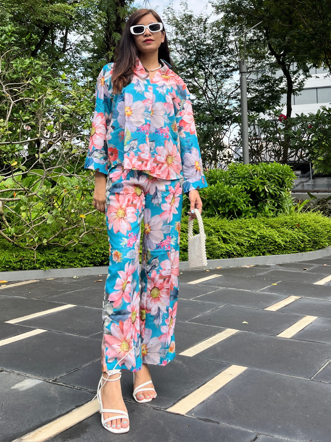Floral Linen Printed Two Piece Co-ord Set - Uptownie