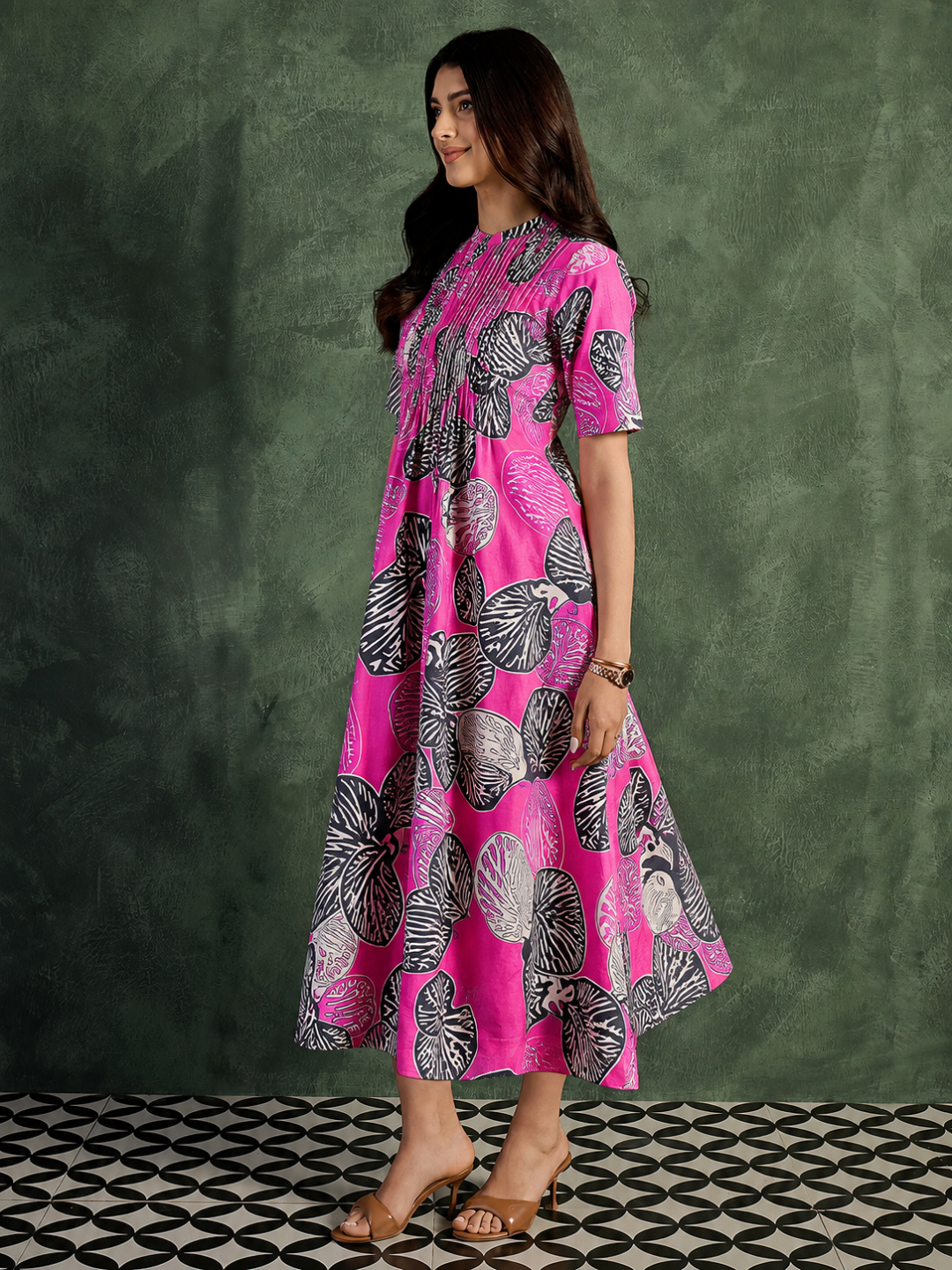Pure Cotton Front Pleated A-Line Dress (with Lining)