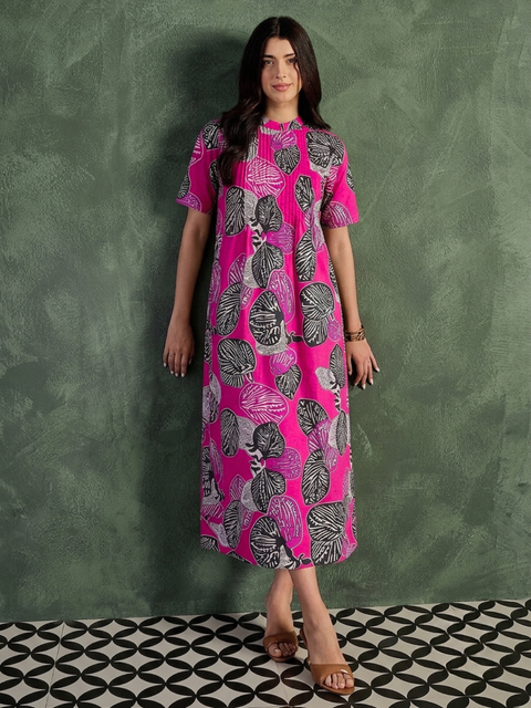 Pure Cotton Front Pleated A-Line Dress (with Lining)