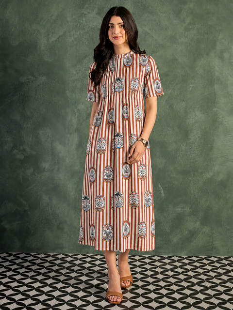 Pure Cotton Front Pleated A-Line Dress (with Lining)