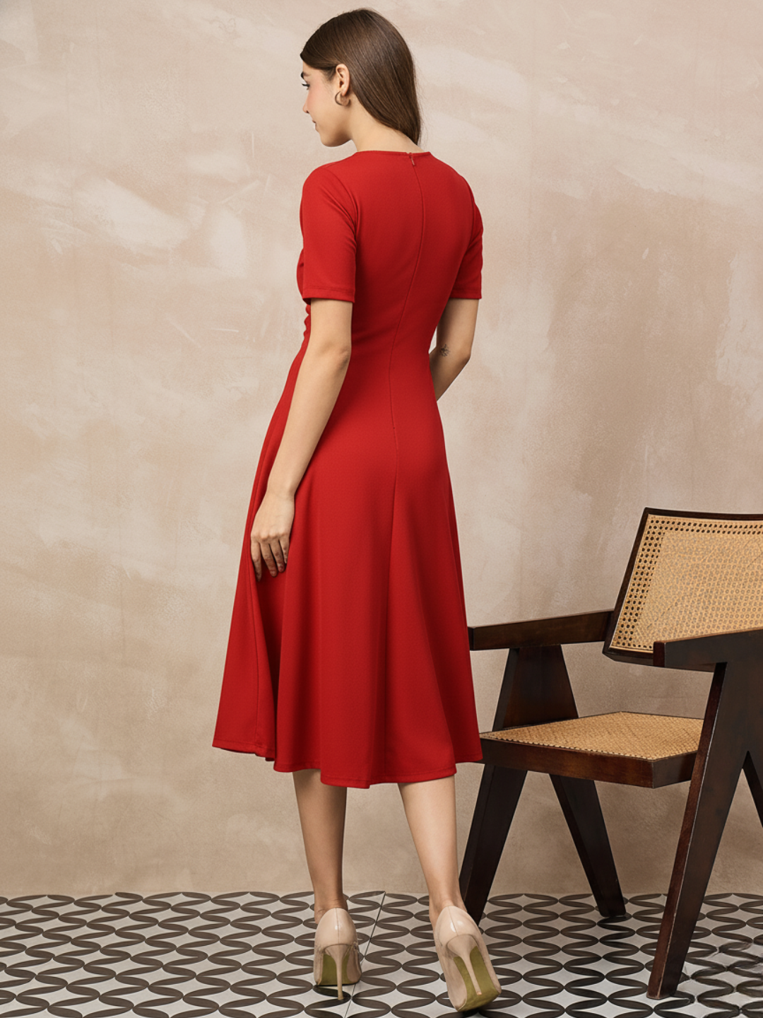 Stretchable Flared-Skirt Ribbed Dress