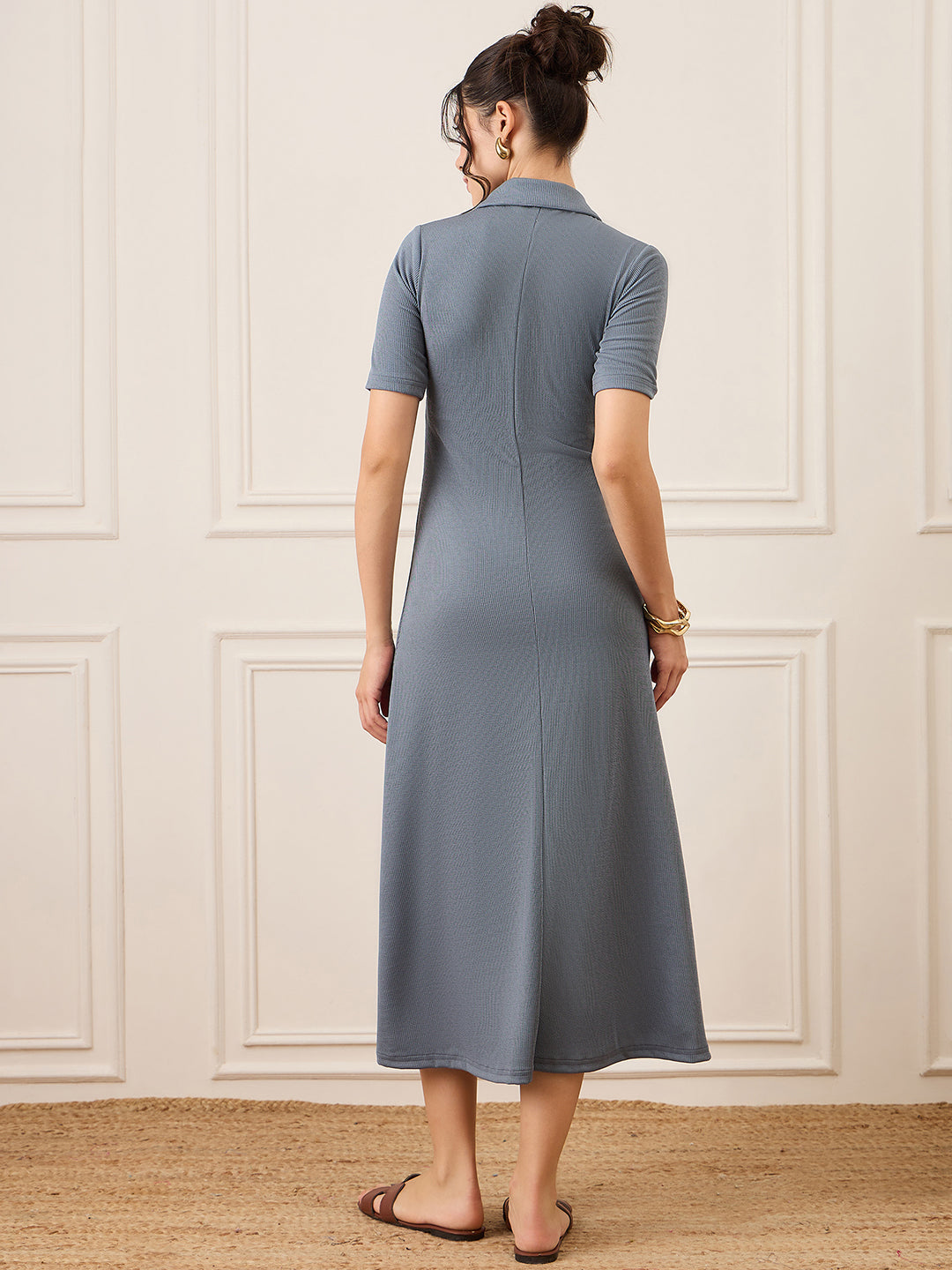Stretchable Front Zip-up Midi Dress - Uptownie