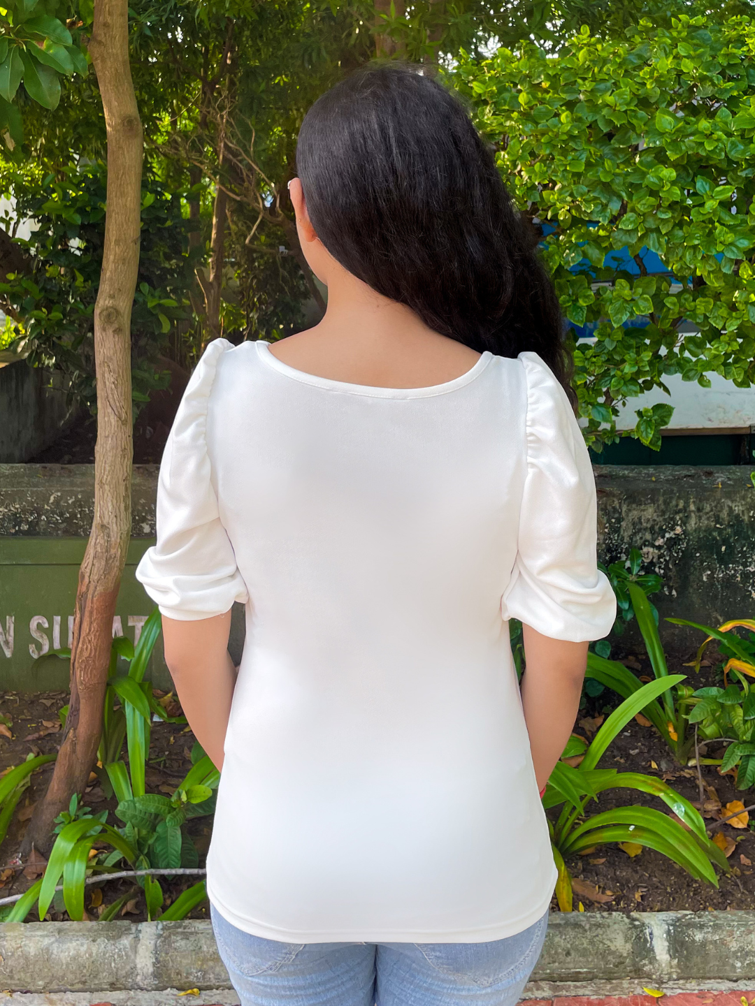 Cotton Solid Stretchable Round Neck Puff Sleeve Top - Uptownie