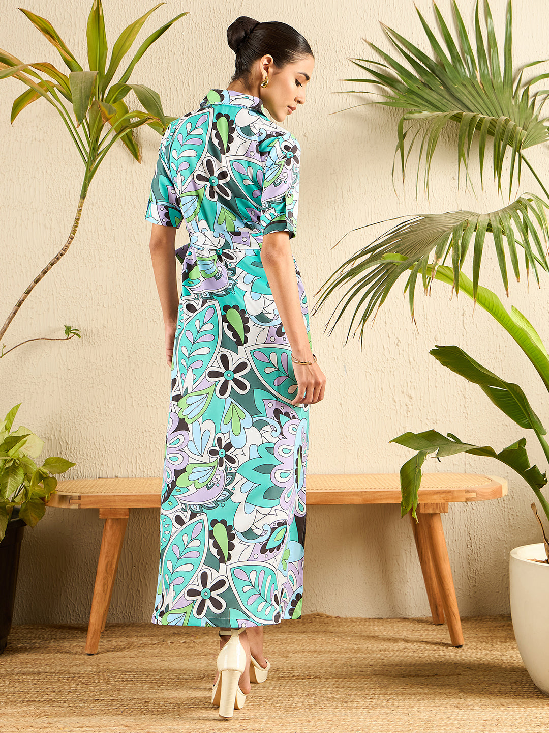 Collar Buttoned Down Printed Shirt Maxi Dress - Uptownie